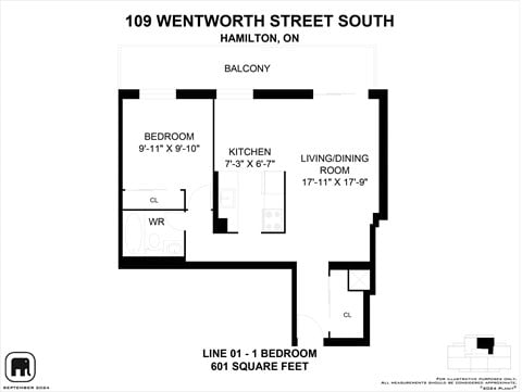 Floor plan for 1 bed, 1 bath, 601 sqft